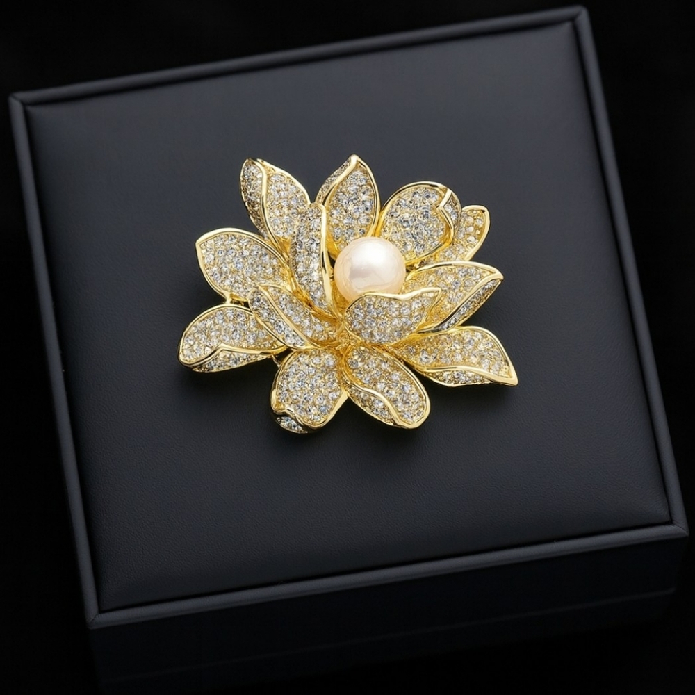Lotus Flower Alloy Rhinestone Brooch With Imitation Pearl